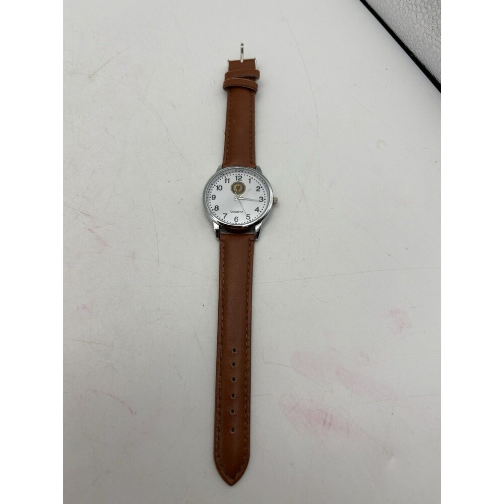 American Legion Quartz Wristwatch White Dial Brown Strap Needs Battery Untested